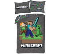 Minecraft Housse de Couette 140x200 + Taie Microfibre Steve Alex Creeper | Parure de lit réversible 1 personne | Microfibre douce séchage rapide Oeko-Tex | Licence officielle | Cadeau | Idée cadeau