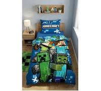 Housse de Couette Minecraft Réversible - Parure de Lit Enfant 140x200 cm avec Taie d’Oreiller - Microfibre 100% Polyester - Certifiée Oeko-Tex Standard 100 - Design Steve, Alex, Zombie & Creeper