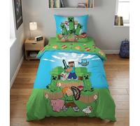 Minecraft Outdoor Mobs Housse de Couette 140x200 + Taie 65x65 100% Coton | Parure de lit réversible 1 personne | Coton naturel respirant Oeko-Tex | Licence officielle | Cadeau | Lavable en machine