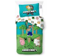 Minecraft Parure de lit Enfant | Housse de Couette 140x200 cm + taie d’Oreiller 50x70 cm, 100% Coton | Parure Douce, colorée et réversible | Design «Jungle Explore» Minecraft