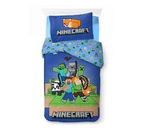 Minecraft Parure de lit pour lit Simple | Housse de Couette 140 x 200 cm avec Grande taie d'oreiller 60 x 65 cm, 100% Coton | Parure de lit Douce et Respirante pour Enfants | Motif Minecraft