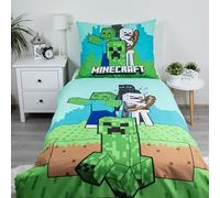 Minecraft Parure de lit simple 140 x 200 cm avec grande taie d'oreiller 70 x 90 cm Motif épique Mobs Here | Vert réversible 2 côtés Produit officiel Minecraft