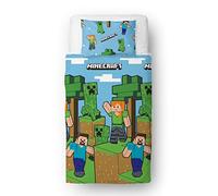 Minecraft Parure de lit Simple Officielle avec Housse de Couette réversible et taie d'oreiller Assortie Bleu