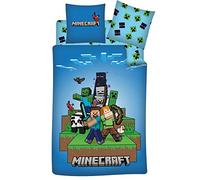 Minecraft Ready to Survive Parure 3 Pièces 140x200 + Taie 63x63 + Drap Bleu | Housse de couette + drap-housse 90x190 | Steve Alex Creepers Minecraft | Enfant | Cadeau | Lavable en machine