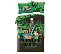 Minecraft Survival Mode Housse de Couette 140x200 + Taie Microfibre Steve | Parure de lit réversible 1 personne | Nuit tendue face aux Creepers | Microfibre douce Oeko-Tex | Ado gamer