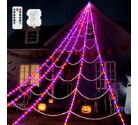 Mineup 5 M Décorations Halloween Lumière de Toile d'Araignée, 455 LED Toile d'Araignée d'halloween, 8 Modes, télécommande et araignée, Guirlande Lumineuse Halloween pour fêtes intérieures et extérie