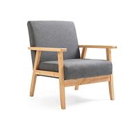 Mingone Fauteuil Salon Confortable en Tissu Lin Chaise de Loisirs Relax avec Accoudoirs en Bois Fauteuil Lounge 1 Place pour Salon Chambre Bureau (Gris, Style scandinave)