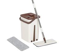 MINGYI Balai Lave Sol 2 en 1, Serpillière Plates avec Seau-Essoreur et 2 Tampons de Vadrouille, Balai de Pulvérisation à Plat Microfibre, 132 cm Marron