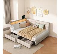 MINGZHE Lit matelassé, 140 x 190 cm, canapé-lit avec 2 tiroirs, dossier en forme de L avec compartiment de rangement, cadre de lit double avec sommier à lattes, lit pour adolescent, lit de chambre à