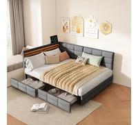 MINGZHE Lit matelassé Daybed 140 x 190 cm, canapé-lit avec 2 tiroirs, dossier en forme de L avec compartiment de rangement, cadre de lit double avec sommier à lattes, lit pour adolescent, lit de