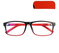 Mini Brille - Lunettes Anti-Lumière Bleue Légères avec Branches Flexibles, Monture en Plastique et Rectangulaire Noire avec Accent Rouge, Étui, Lunettes de Lecture Hommes et Femmes 1.5 Dioptries