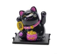 Mini chat porte-bonheur à énergie solaire pour décoration de maison, bureau, voiture, tableau de bord, anniversaire, noir, blanc, jaune, figurine de fortune en plastique avec pépite dorée (sac