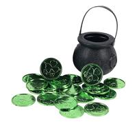 Mini chaudron - Chaudron de sorcière avec poignée, décoration de pot à bonbons pour la Saint-Patrick avec 50 pièces de monnaie trèfle - Décorations noires pour la Saint-Patrick pour