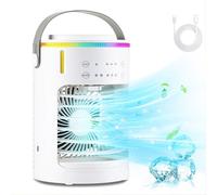 Mini climatiseur portable 4-en-1, réservoir de 600 ml avec mini refroidisseur d'air par évaporation USB, 3 vitesses de ventilation, minuterie, 2 modes de brumisation et 7 couleurs de lumière, blanc