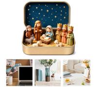 Mini crèche en métal avec couvercle, cadeau de Noël pour cheminée | Diorama de mangeoire compacte, toile de fond étoilée, figurines portables incluses, décor de table