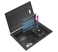 Mini évier de cuisine et de bar compact noir caché avec rondelle de tasse et robinet rétractable - Design peu encombrant pour un usage domestique et commercial - Solution idéale pour petit évier