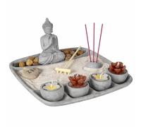 Mini Jardin Zen en béton 23×23 cm - Jardin Zen Japonais avec Bouddha, Sable, Pierres & Mini râteau - inclut Porte-encens et 4 Bougies Chauffe-Plat Lotus - déco pour méditation, Yoga, Bien-être