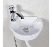 Mini lavabo mural flottant en plastique avec robinet froid simple, lavabo moderne à fixation murale pour salle de bain petit espace extérieur, autocollant et perçage, support bidirectionnel (blanc)