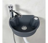 Mini lavabo mural flottant en plastique avec robinet froid simple, lavabo moderne à fixation murale pour salle de bain, petit espace extérieur, autocollant et perçage, support bidirectionnel (gris)