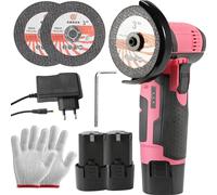 Mini-meuleuse d'angle 12 V - Meuleuse d'angle compacte sans fil - 19 500 tr/min - Disque de 7,5 cm - 2 batteries - Pour le ponçage et la découpe - Rose