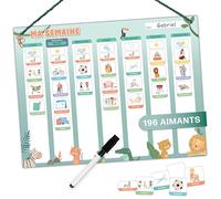 Mini Mindz Planning semaine enfants, tableau magnétique, 200 aimants | 20 aimants personnalisables, aimants météo, stylo effaçable, cordon, dès 3 ans