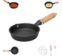 Mini Nonstick Iron Pan 3.9", Single Egg Frying Pan, Cast Iron Skillet，L | Cast Iron Frying Pan with Wooden Handle & Diversion Spouts, Uniform Heat for Omelets, Suitable for Gas Stove Induction Hob