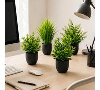 Mini plante verte artificielle en pot avec fausses feuilles et pot noir; sans entretien, sans arrosage requis, convient comme petit ornement décoratif pour l'environnement intérieur de la maison, y co