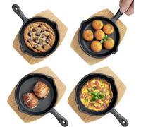 Mini-poêle en fonte, ensemble de 4 pièces, diamètre 15 cm, couleur noire. Idéales pour cuisiner de petites portions. Livré avec un dessous de plat en bois
