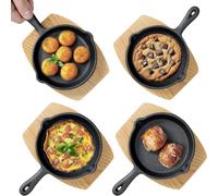 Mini-poêle en fonte, ensemble de 4 pièces, diamètre 15 cm, couleur noire. Idéales pour cuisiner de petites portions. Livré avec un dessous de plat en bois