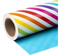 Mini rouleau de papier d'emballage réversible - 43,2 cm x 10 m - Motifs rayés arc-en-ciel et bleu uni, idéal pour les fêtes d'anniversaire et les baby showers.