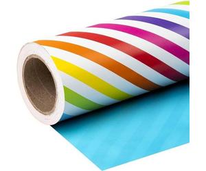 Mini rouleau de papier d'emballage réversible - 43,2 cm x 10 m - Motifs rayés arc-en-ciel et bleu uni, idéal pour les fêtes d'anniversaire et les baby showers.