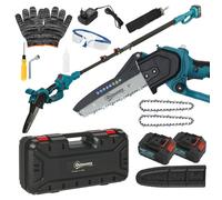 Outsunny Mini tronçonneuse à batterie 8 pouces 6000mAh 580W élagueuse sans fil pour branches et jardin avec 2 batteries perche télescopique et verrouillage de sécurité bleu