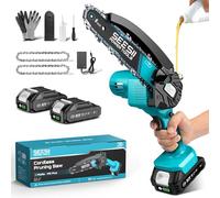 Mini Tronçonneuse à Batterie, Seesii 6 Pouces Tronçonneuse Électrique sans Fil, avec Injecteur de Lubrifiant et 2 Batteries, Mini Scie à Chaîne Électrique Rechargeable, 2 Chaînes