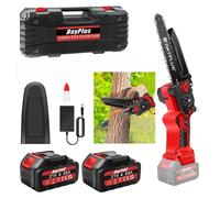 Mini-tronçonneuse électrique sans fil - Lame de guide de 20 cm - 2 chaînes - 2 batteries de 4000 mAh - Flacon d'huile - Rouge