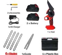 Mini-tronçonneuse électrique - tronçonneuse à chaîne portative - pour l'élagage des arbres - 2 batteries - 4 chaînes - tronçonneuse rouge - avec mallette de transport