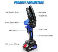 Mini-tronçonneuse sans fil - 10 cm - Moteur sans balais - 21 V - 2 batteries de 1 500 mAh - Guide-chaîne de 110 mm - Profondeur de coupe de 80 mm - Charge rapide en 1,5 à 2 heures