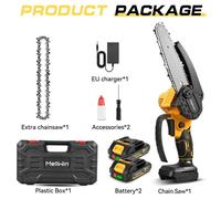 Mini tronçonneuse - Scie à moteur sans fil de 15 cm - Moteur en cuivre de 1500W - Vitesse de chaîne de 6 m/s - 4000 tr/min - Compatible avec batterie 18V - Coffret comprenant 2 batteries