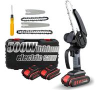 Mini tronçonneuse - Tronçonneuse sans fil 21 V - Lame 10/15 cm - 2 chaînes - Verrouillage de sécurité - Rechargeable sans fil - Noir