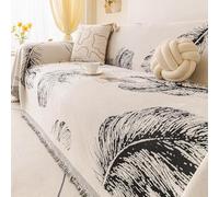 Minimalist Chenille Sofa Throw, All Season Throw Blanket with Tassels | Feather Pattern Sofa Cover, Universal Furniture Protector Cover, Decorative Throw For Chair Bed Coach(Black,180x420cm)