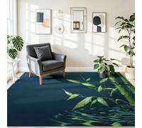Minimaliste Feuilles De Bambou Gouttes D’Eau Lavable Poil Ras Tapis de Salon Vert Bleu Foncé, Japonais Abstrait Antidérapante Doux Flanelle Bureau Chambre de la Tapis, 60 x 90 cm