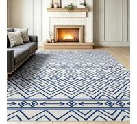 Minimaliste Géométrique Tapis Salon 80 x 150 cm, Lavable en Machine Antidérapant Tapis Poil Ras Motif Losanges Carrés Lignes, Blanc Bleu Home Decoration pour Chambre Salle à Manger Bureau