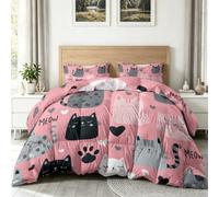 Minimaliste Graffiti Couette Matelassée 155 x 220 cm Animaux Chats Cœurs Imprimée Couettes 4 Saisons, Rose-Gris Couette sans Housse 2 Personnes en Microfibre, Couettes Réversible Douce Lavable