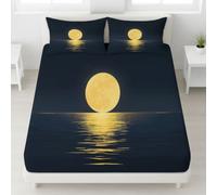 Minimaliste Lune Drap Housse 180 x 200 cm Bonnets 30 cm, Parure de Lit Paisible Ciel Étoilé Océan pour Enfants Ado Adultes, Drap de Lit Microfibre Douce, Housse de Matelas Respirante