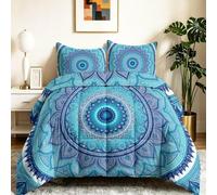 Minimaliste Oriental Réversible Couette, Bleu Vert Edredon Lit Imprimée Couettes, Mandala Fleurs Couettes Matelassée pour Enfants Adultes, 220 x 240 cm Couette sans Housse avec 2 Taies d'oreiller