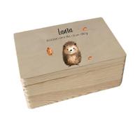 minimutz Boîte à souvenirs en bois, multicolore, personnalisable, pour souvenirs d'enfance de bébé, animaux de la forêt, hérisson, taille M (30 x 20 x 14 cm)