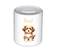 minimutz Tirelire chien pour enfants - Personnalisable - Animaux garçons et filles - Tirelire ronde en céramique 8 x 9,5 cm - Avec nom imprimé au choix