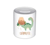 Minimutz Tirelire Enfant Personnalisée avec Nom - Dinosaure pour Garçon ou Fille - Ronde en Céramique 8 x 9,5 cm - Idée Cadeau Baptême, Naissance, Noël, Anniversaire
