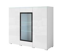MINIO go for it - Commode Veve avec Porte en Verre, LED | Salon, vitrine 120 cm de large, blanc mat / blanc brillant, avec éclairage LED