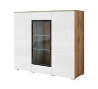 MINIO go for it - Commode Veve avec Porte en Verre | Salon, vitrine 120 cm de large, Gablote, couleur : chêne Wotan/blanc brillant, sans éclairage LED