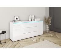 MINIO go for it - Commode Veve Buffet 150 cm de Large avec LED | avec tiroirs et portes, salon chambre, blanc/blanc brillant, avec éclairage LED